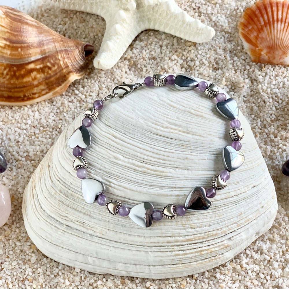Genuine Amethyst & Hematite Heart Bracelet - Guard Your Heart